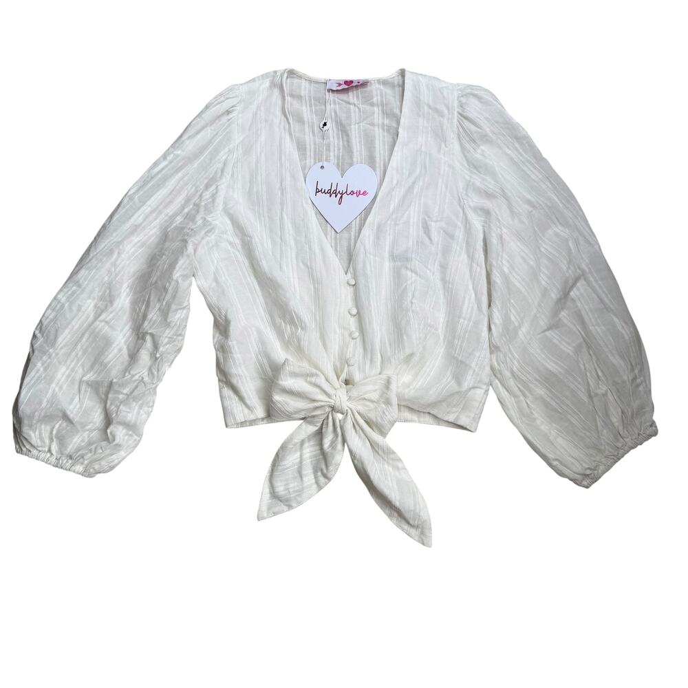 BUDDY LOVE Top Button and Tie Front Size Large L White Textured Long Puff Sleeve